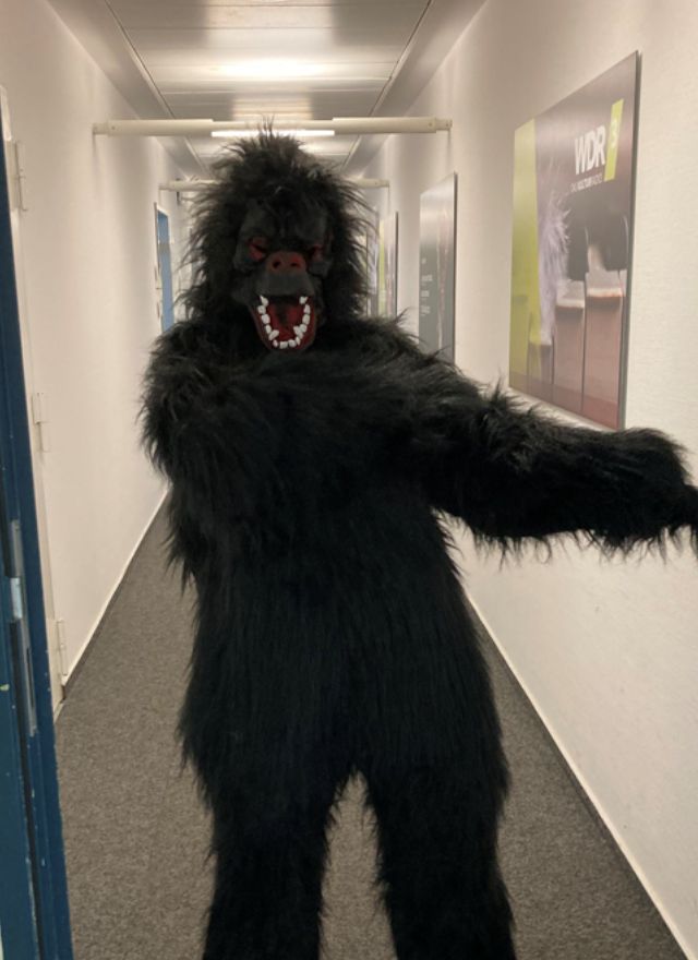 Eine Person im Gorillakostüm steht mit ausgebreiteten Armen im Bürogang