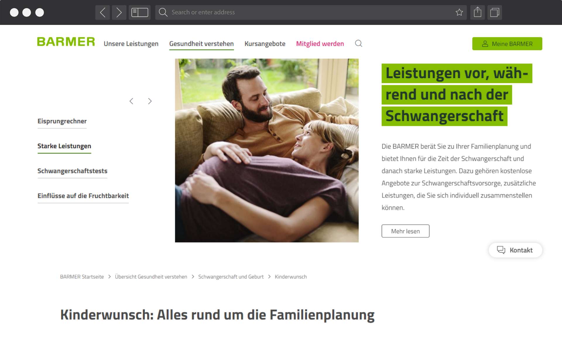 Desktop Ansicht der Barmer Website
