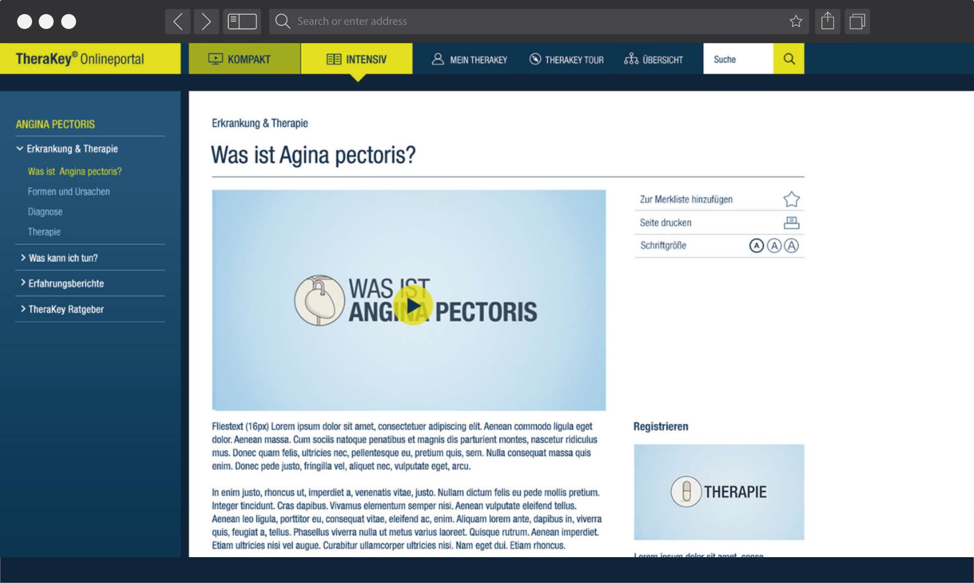 Bildschirmaufnahme des Online-Portals von TheraKey mit Video und Text