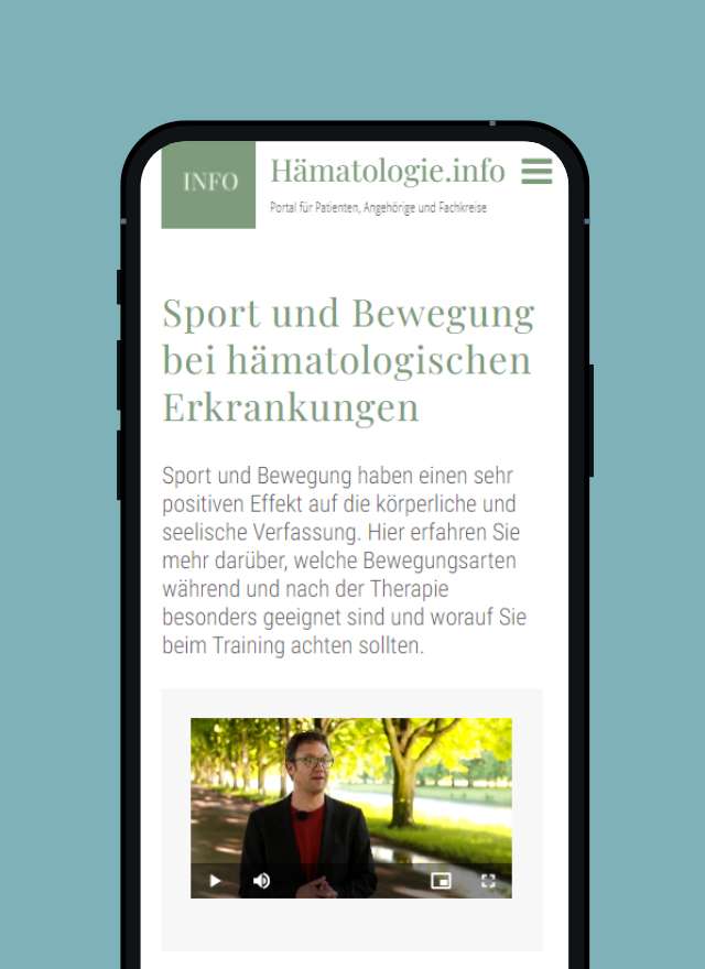 Abbildung eines Smartphonebildschirms mit dem Artikel: Sport und Bewegung bei hämatologischen Erkrankungen