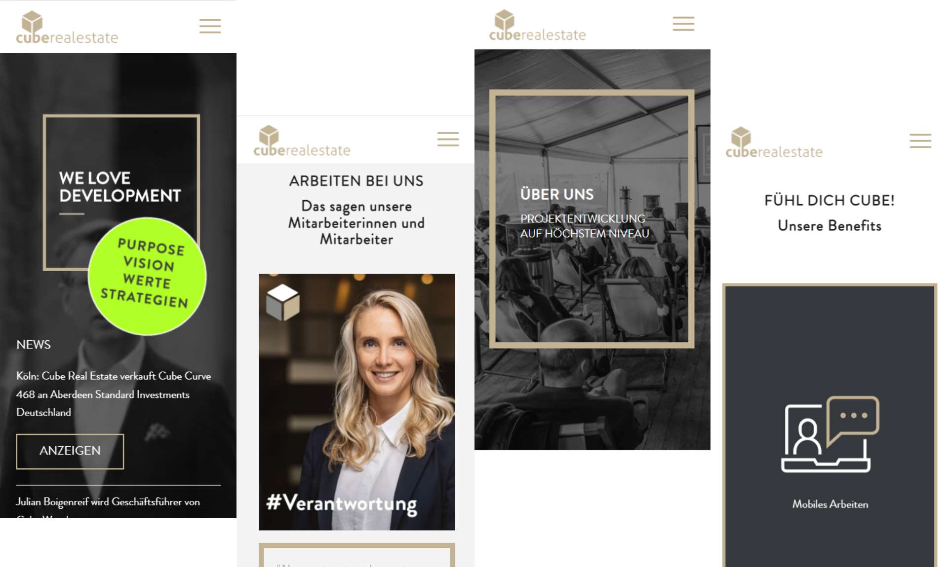 Collage mit vier Bildschirmaufnahmen der mobilen Website von Cube Real Estate