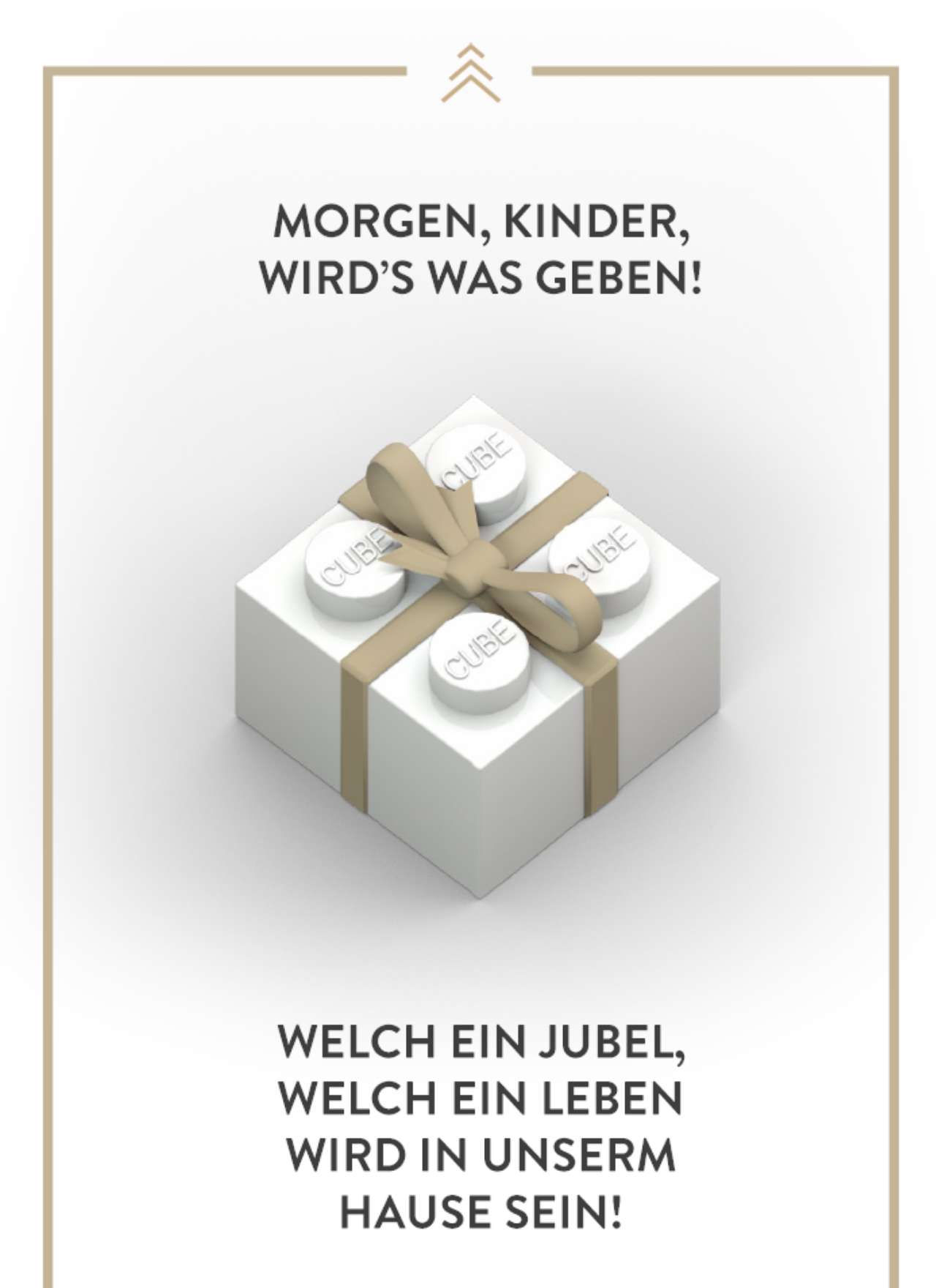 Legostein als Geschenk verpackt von Cube, Liedtext: "Morgen Kinder, wird's was geben!"