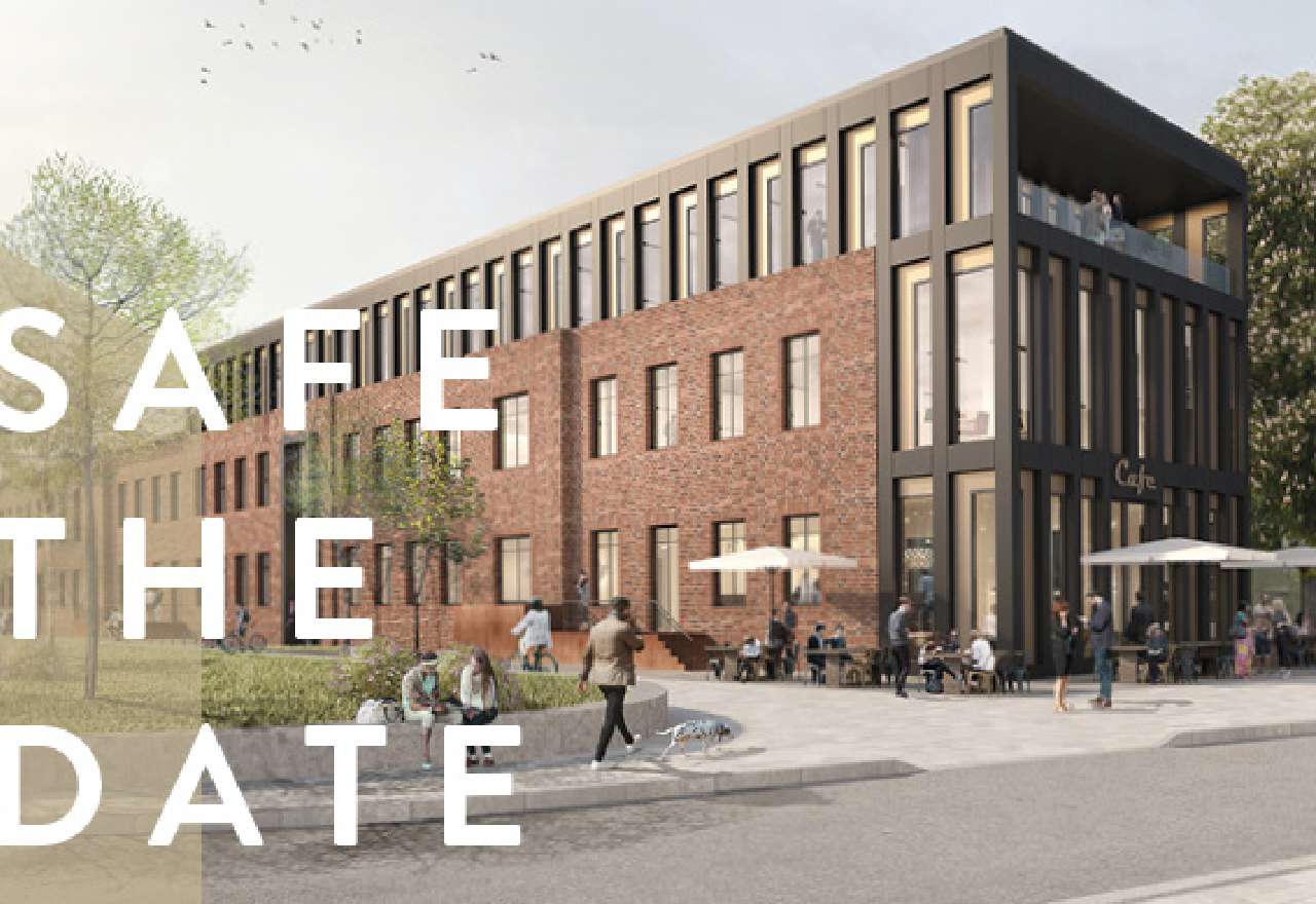 Foto von modernem Backsteingebäude, Text: Safe the date