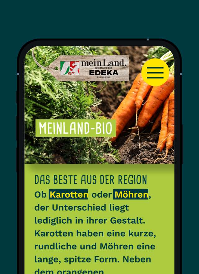 Bildschirmaufnahme der Website am Handy: "meinLand Bio. Das Beste aus der Region" und Platzhalter-Text