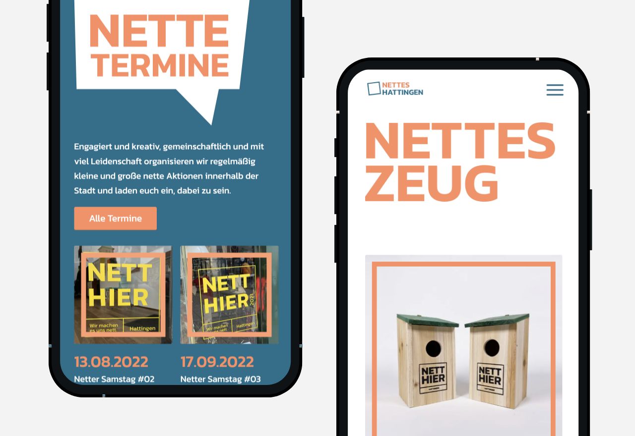 orangener Hintergrund mit blauem Aufdruck der "Nett hier"-Kampagne