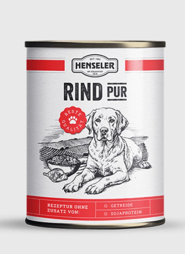 Hundefutterdose der Marke Henseler mit Sorte „Rind pur" und Hundeillustration