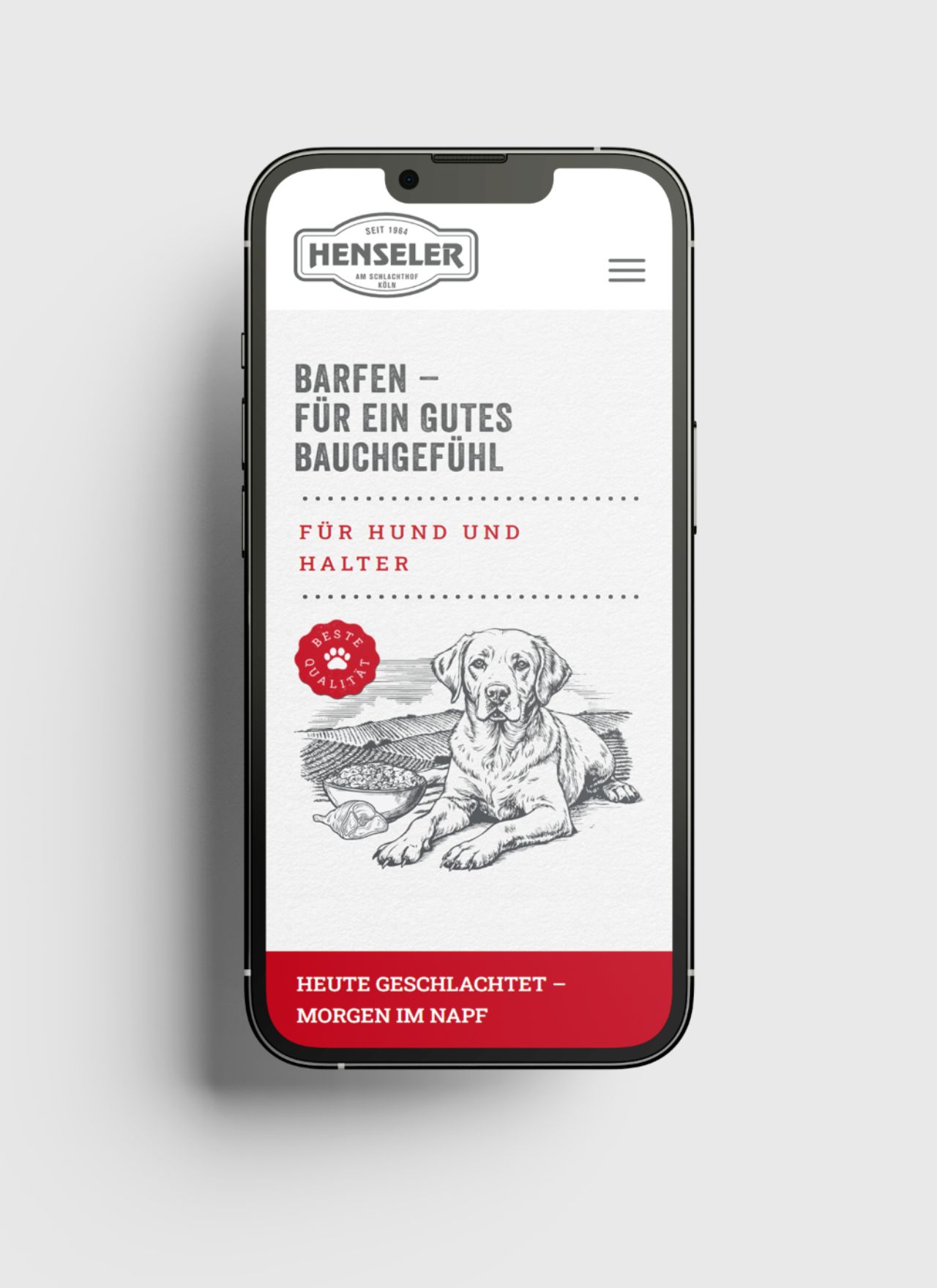 Smartphone zeigt die Henseler-Startseite zum Thema Barfen