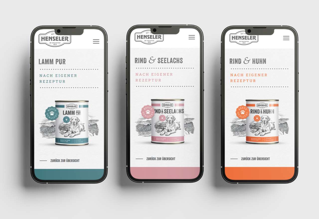 Drei Smartphones mit Produktseiten der Sorten Lamm, Rind & Seelachs und Rind & Huhn