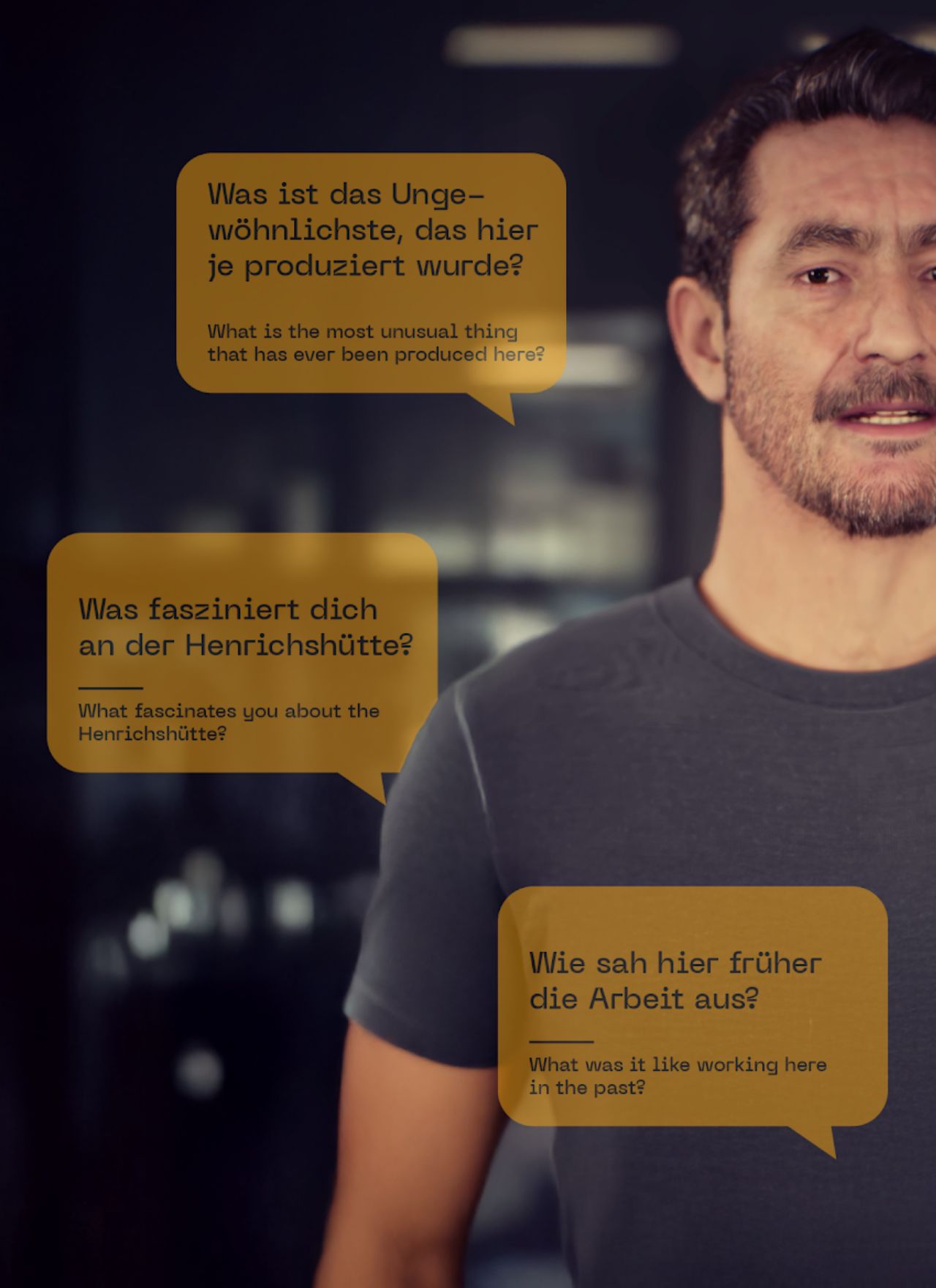 Der Avatar mit eingeblendeten Besucherfragen auf Deutsch und Englisch