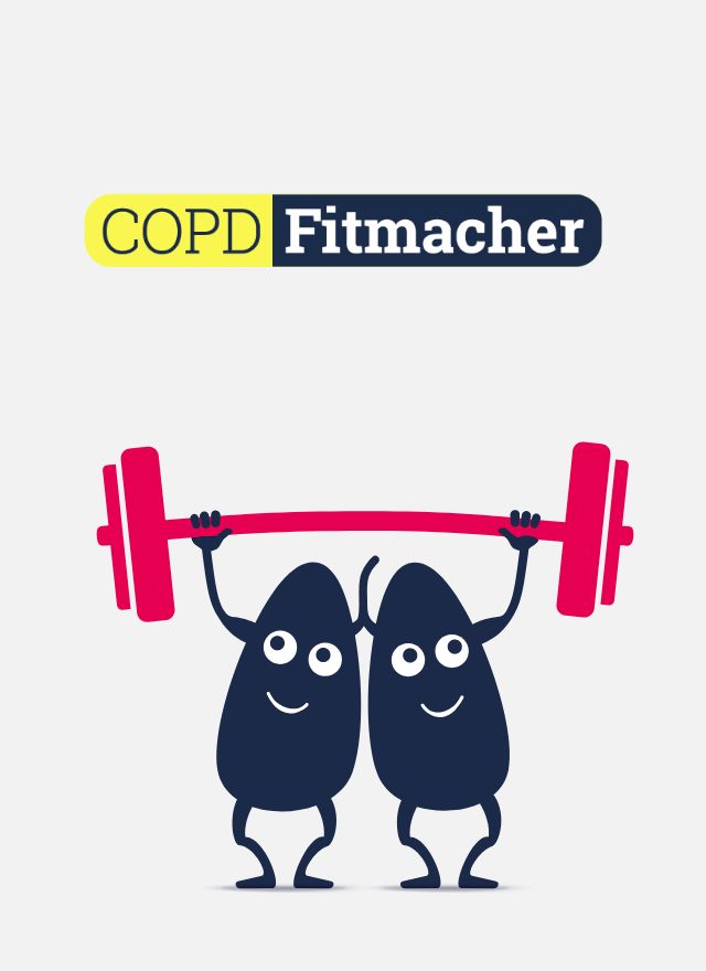 Logo „COPD Fitmacher" mit zwei Lungen-Figuren, die eine Hantel stemmen