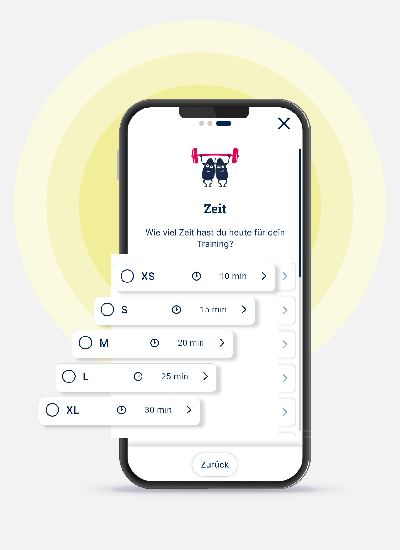 App-Dialog zur Auswahl der Trainingsdauer von zehn bis dreißig Minuten