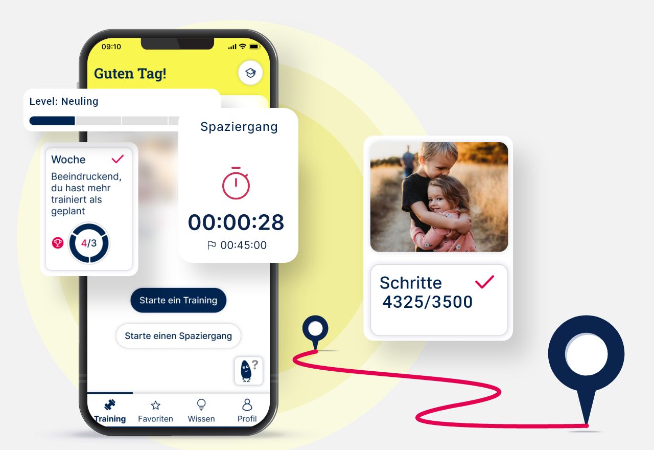 App-Startbildschirm mit Trainingsfortschritt und Schrittzähler