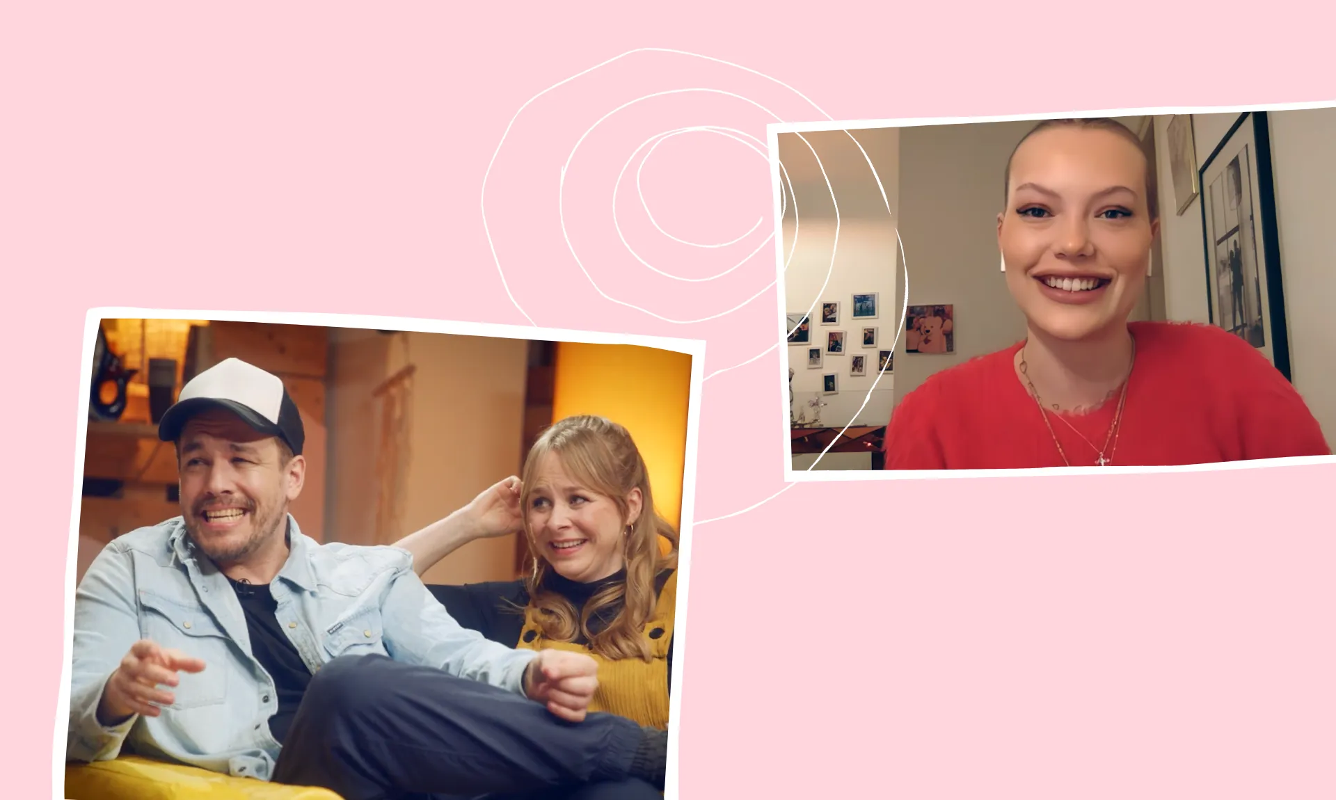 Collage aus Gesprächsszenen vor rosa Hintergrund