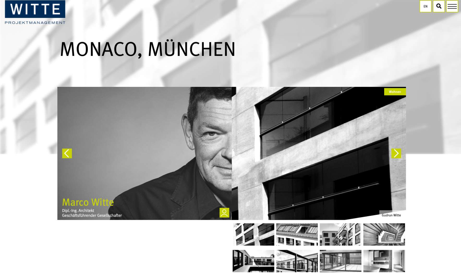 Witte Bildschirmaufnahme der Website mit Foto vom Geschäftsführer